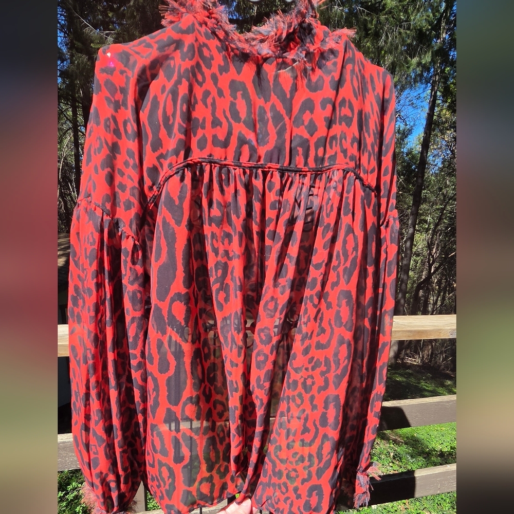 Zara 1975 Jeans Collection Red&Black Leopard Print Sheer Long Sleeve Blouse SzM - Picture 2 of 10